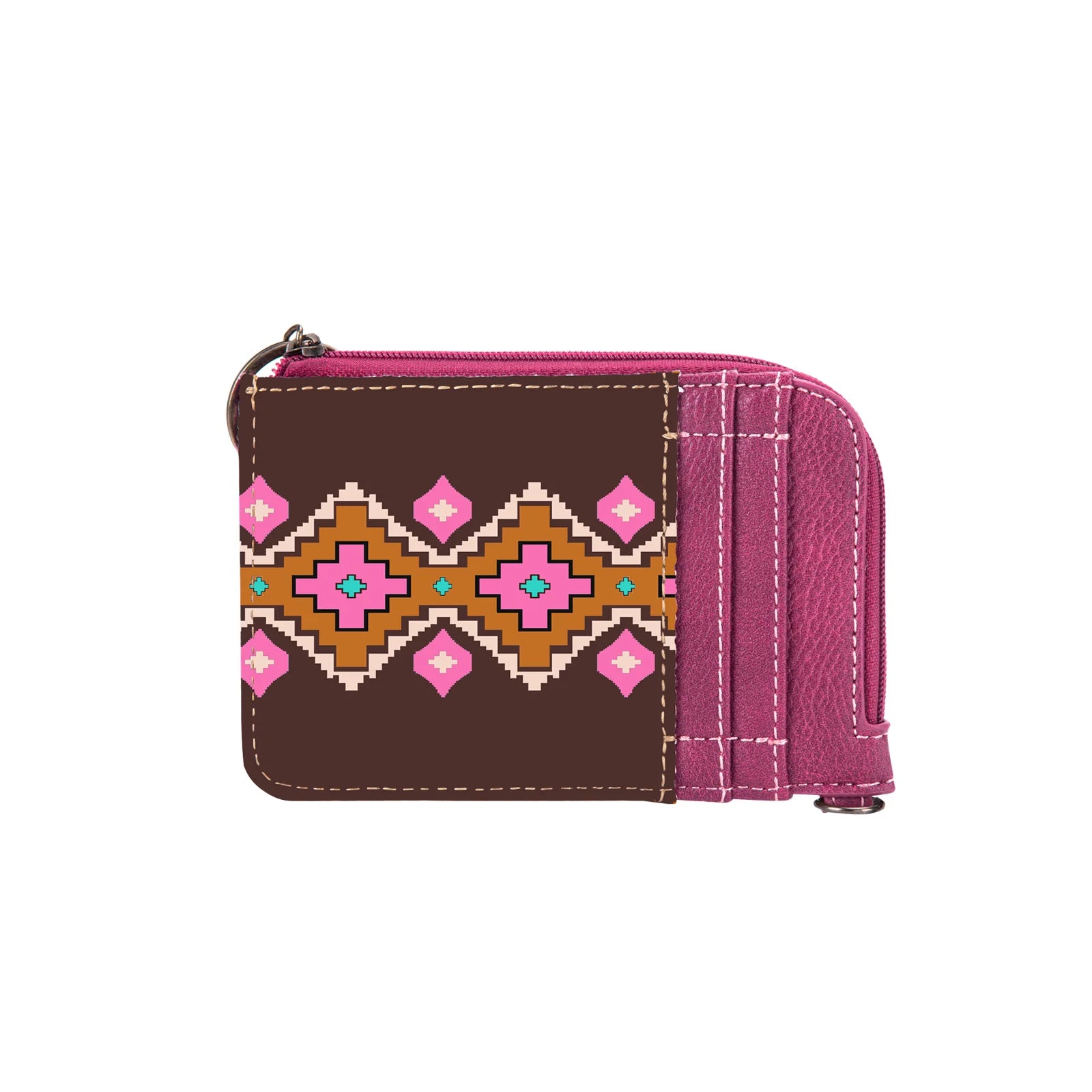 A mini zip card case with a southwestern art print, featuring a geometric pattern in pink, tan, and brown, combined with a brown canvas body and PU leather accents.