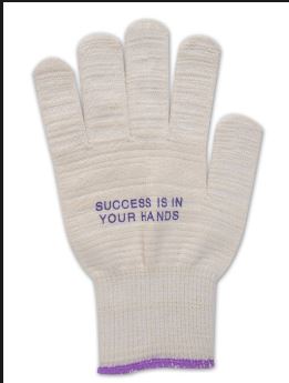 Palm of the glove photo showing the 'Success is in Your Hands' and wrist border in purple to indicate size extra large.