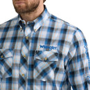 Men's Wrangler 112352383 Blue Plaid Logo Long Sleeve Western Button Shirt