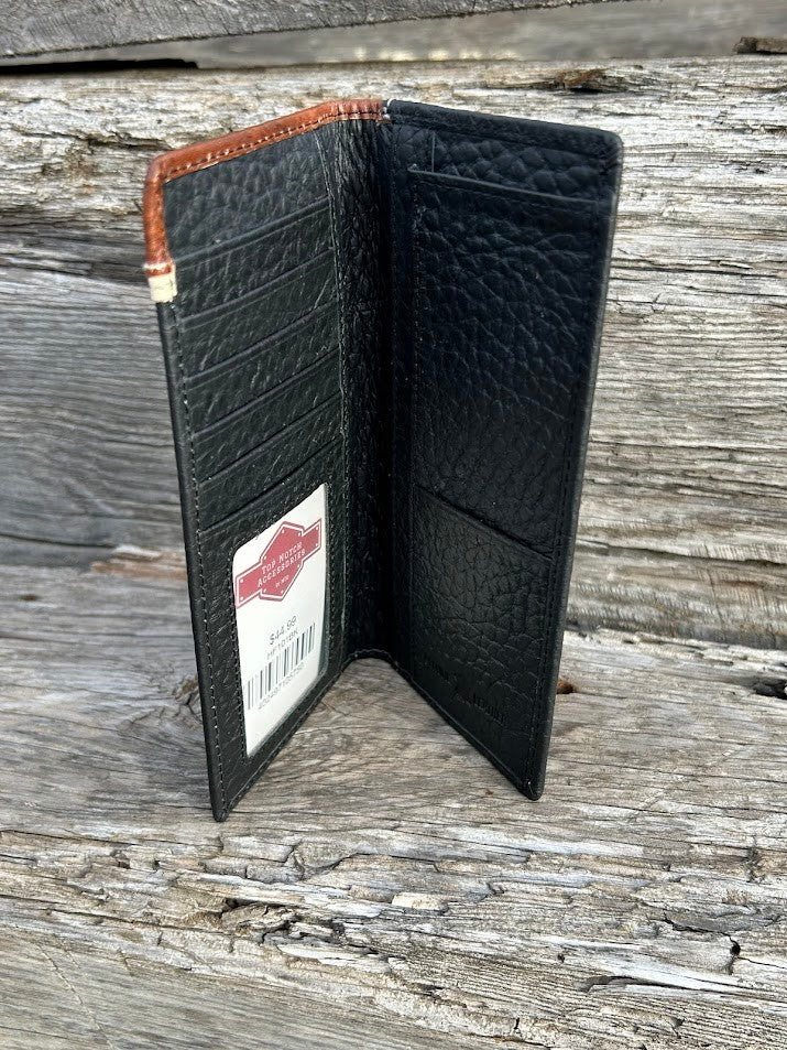Black pebbled leather checkbook wallet with a Brown embossed overlay featuring a Longhorn Concho.  Inside view showing multiple card slots, ID window, and checkbook slot. 