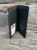 Black pebbled leather checkbook wallet with a Brown embossed overlay featuring a Longhorn Concho.  Inside view showing multiple card slots, ID window, and checkbook slot. 