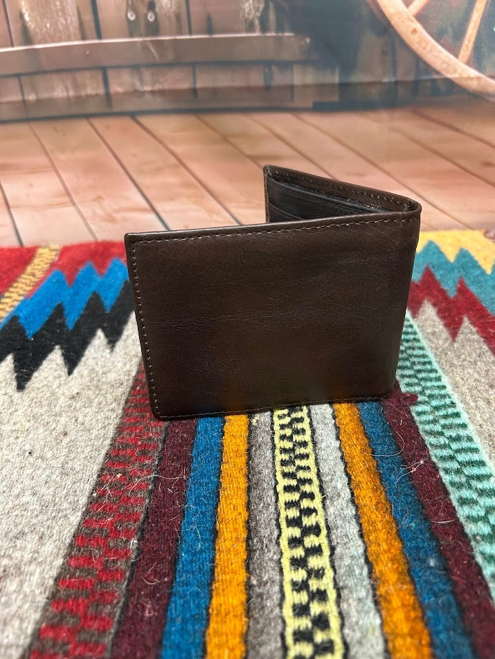 Dark Brown leather bifold wallet from Top Notch Accessories. Rear View