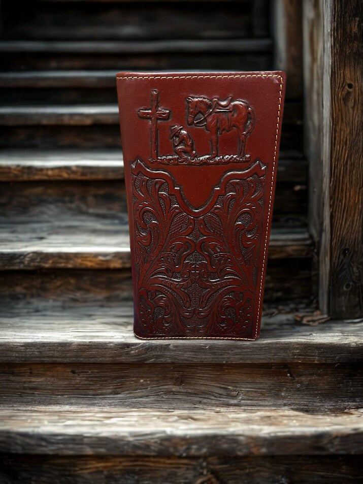 Tall leather wallet with a embossed Praying Cowboy design. Front View