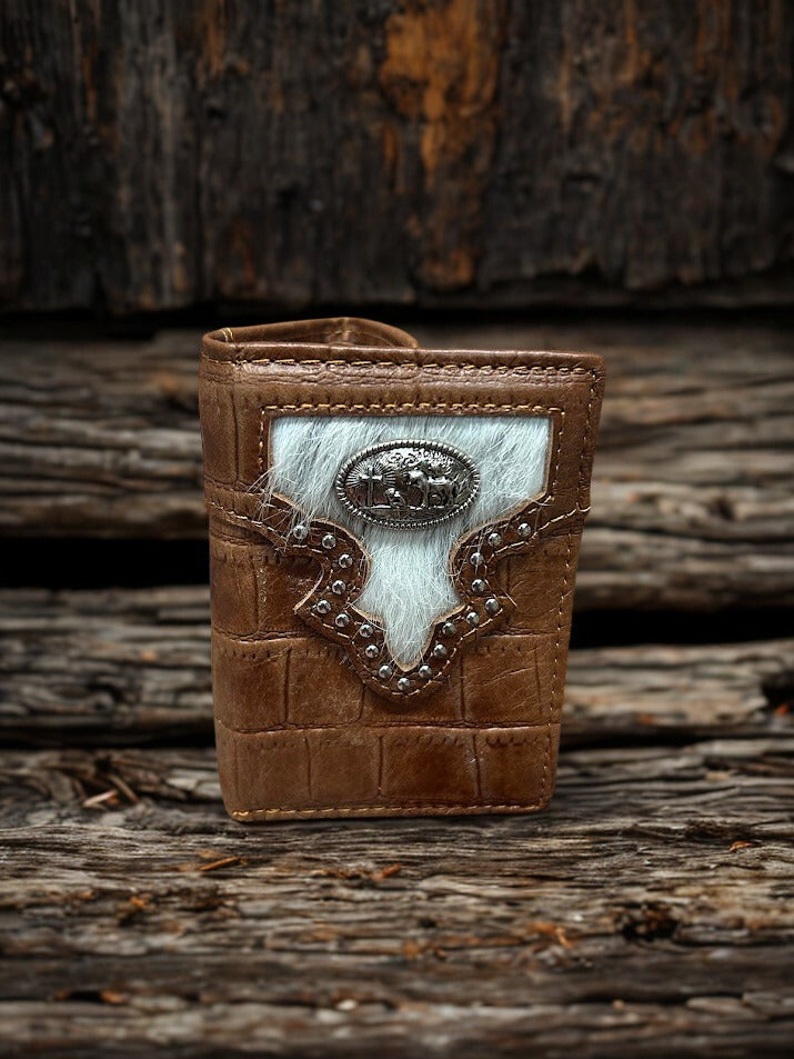 Brown Alligator print trifold wallet with cowhide inlay and Praying Cowboy Concho. Front View B