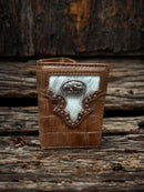 Brown Alligator print trifold wallet with cowhide inlay and Praying Cowboy Concho. Front View B