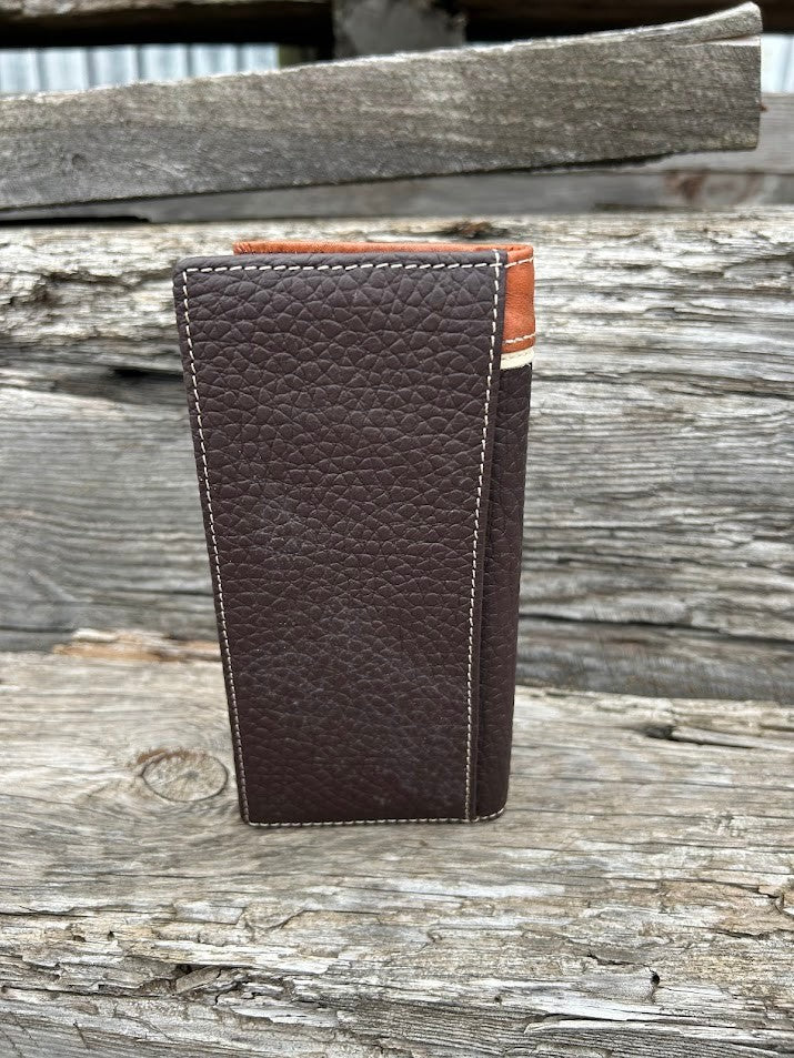 Coffee Brown leather checkbook wallet with a Horse Concho.  Rear view