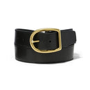 Ladies black leather belt with brass finish buckle. Front View