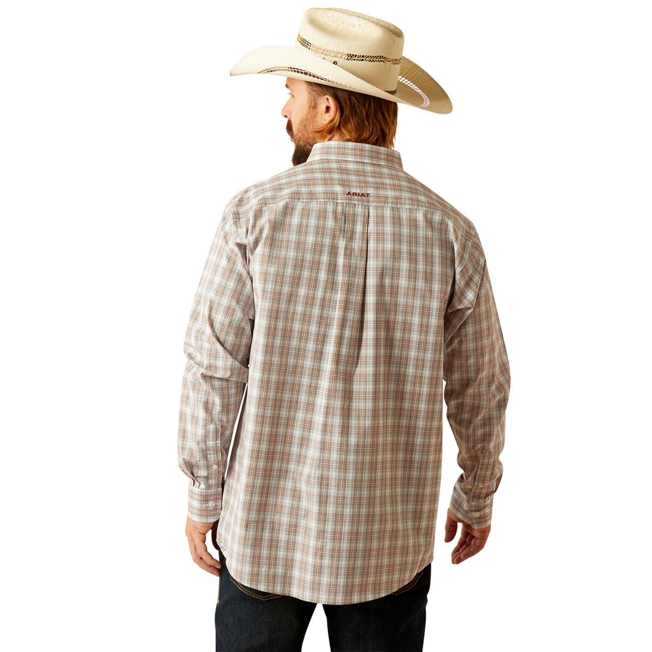Men's Ariat long sleeve Pro Series shirt in Grey Plaid. Rear view showing shirt untucked and Ariat logo. 