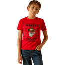Boy's Ariat short sleeve tee in Red with a front "Wanted for Mischief" "The Ariat Kid" graphic print. Front view showing shirt untucked. 