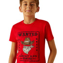 Boy's Ariat short sleeve tee in Red with a front "Wanted for Mischief" "The Ariat Kid" graphic print. Close up of graphic print on chest. 