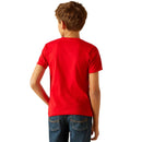 Boy's Ariat short sleeve tee in Red with a front "Wanted for Mischief" "The Ariat Kid" graphic print. Rear View