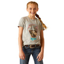 Girl's Ariat short sleeve Heather Grey T-shirt. This shirt features a graphic print on the front of a cow in the shape of an arrowhead with the Ariat logo. Front view showing shirt tucked in. 