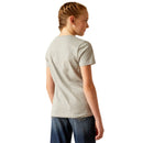 Girl's Ariat short sleeve Heather Grey T-shirt. This shirt features a graphic print on the front of a cow in the shape of an arrowhead with the Ariat logo. Rear view showing shirt untucked. 