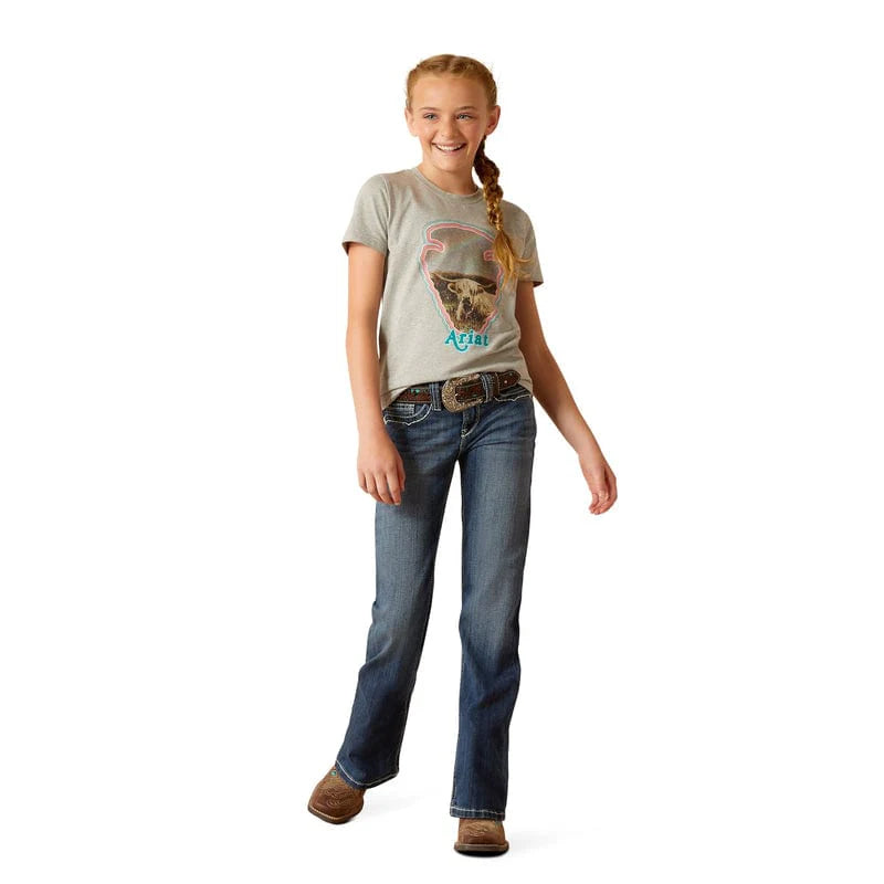 Girl's Ariat short sleeve Heather Grey T-shirt. This shirt features a graphic print on the front of a cow in the shape of arrowhead with the Ariat logo. Full front view