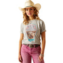 Women's Ariat Boyfriend fit Arrowhead graphic print short sleeve T-Shirt in Heather Grey. This shirt features a graphic print on the front of a cow in the shape of an arrowhead with the Ariat logo.  Front view showing shirt tucked in and sleeves rolled up. 
