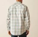 Men's Ariat long sleeve pearl snap Western Style shirt in Turquoise Plaid. Rear view showing shirt untucked.