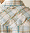 Men's Ariat long sleeve pearl snap Western Style shirt in Turquoise Plaid. Rear view showing blocked Ariat logo.
