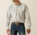 Men's Ariat long sleeve pearl snap Western Style shirt in Turquoise Plaid. Front view showing shirt tucked in and two chest pockets with pearl snap closures. 