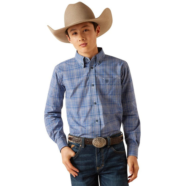 Boy's Ariat long sleeve shirt in True Blue Plaid.  Front view showing shirt tucked in. 