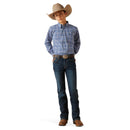 Boy's Ariat long sleeve shirt in True Blue Plaid. Full front view showing shirt tucked in. 