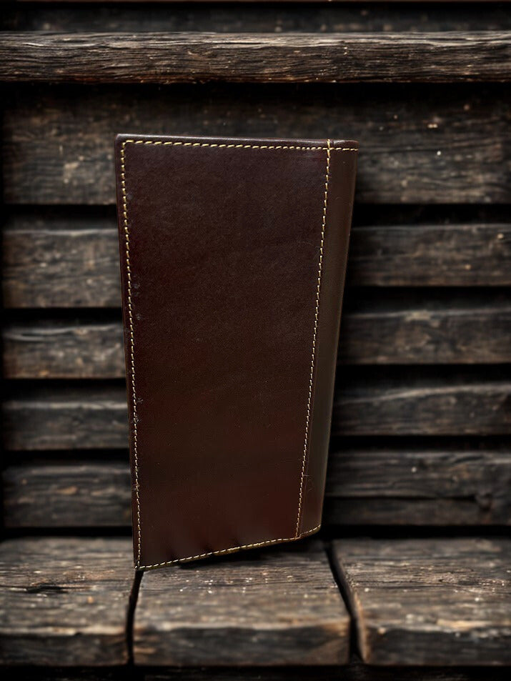 Coffee Brown tooled leather tall wallet with Turquoise inlay. Rear view showing additional bill slot.