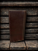 Coffee Brown tooled leather tall wallet with Turquoise inlay. Rear view showing additional bill slot.