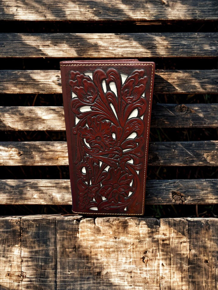 Brown tooled leather tall wallet with Beige inlay. Front View