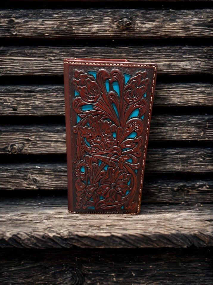 Brown tooled leather tall wallet with Turquoise inlay. Front View