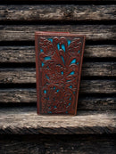 Brown tooled leather tall wallet with Turquoise inlay. Front View