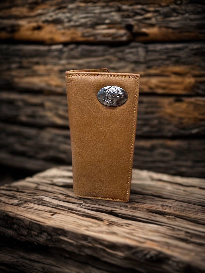 This Coffee Brown Leather tall wallet features a Lab Concho. Front View