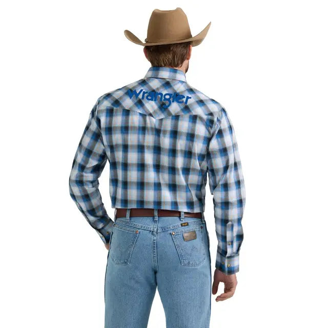 Men's Wrangler 112352383 Blue Plaid Logo Long Sleeve Western Button Shirt