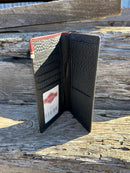 Black pebbled leather checkbook wallet with a Brown embossed overlay with a Longhorn in a Horseshoe Concho. Inside view showing multiple card slots, ID window, and checkbook slot. 