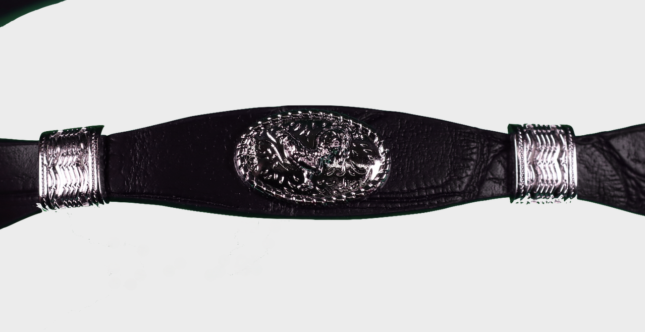 Black leather had band with Rooster Conchos separated by Silver bands. Close up view of concho and metal bands. 