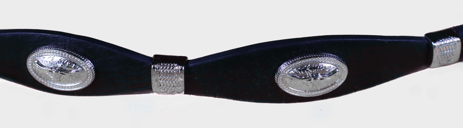 Western style Black Longhorn Concho leather hat band. Close up view of Conchos. 