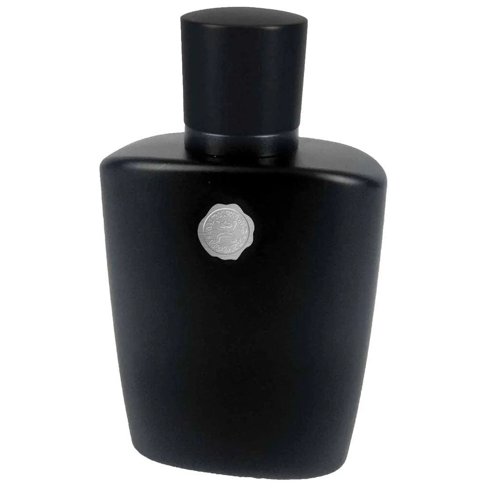 A black bottle of Hooey Men's Black Cologne with a silver logo on the label. Rear View