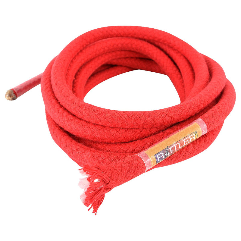 Red braided cord jerk line for calf roping.