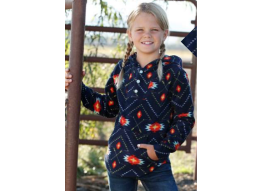 Cruel Denim fleece jacket in navy with southwest print in red/aqua/orange. Front handwarmer pocket.  