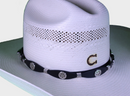 Black leather hat band with Star Conchos. Conchos are separated by Silver metal bands and it has a buckle closure. View of band on straw hat.