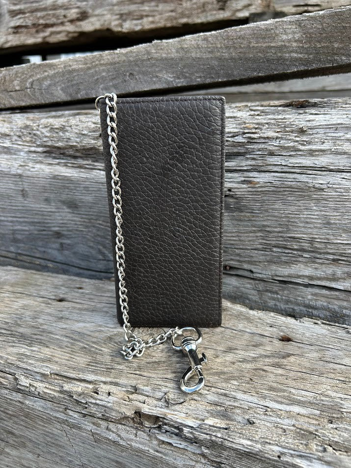 Black pebbled leather tall wallet with silver chain on a swivel. Front View