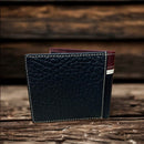 Black leather bifold wallet with Brown overlay and a Longhorn Concho. Rear view showing additional card slot. 