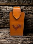 Light Brown leather phone case with a embossed rooster design. Front View