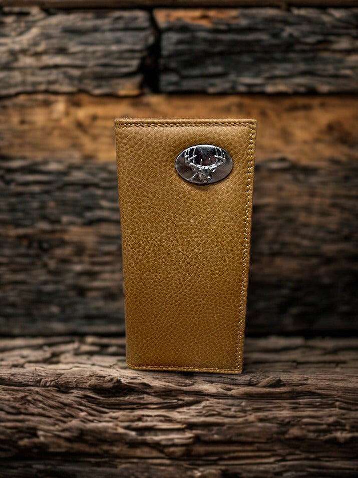 Men's Coffee Brown leather tall wallet featuring a Deer Concho.  Front View