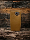 Men's Coffee Brown leather tall wallet featuring a Deer Concho.  Front View