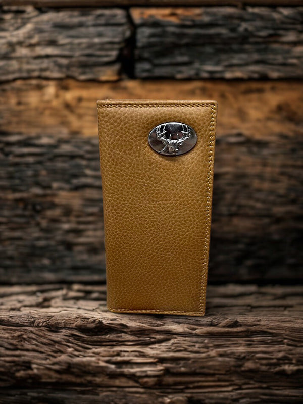 Men's Coffee Brown leather tall wallet featuring a Deer Concho.  Front View