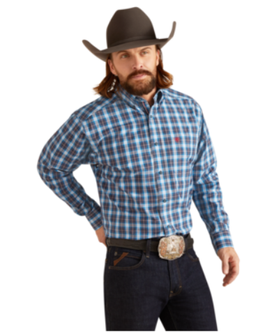 Men's Ariat 10047165 Pro Series White/Blue Plaid Parrin Classic Fit Long Sleeve Shirt CLOSEOUT