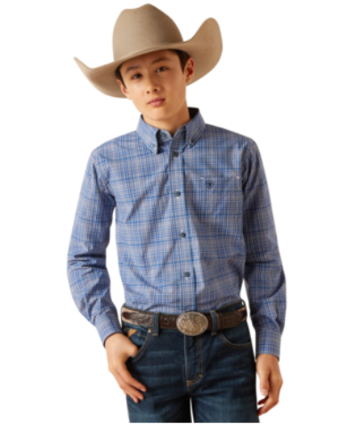 Boys Ariat 10047297 Pro Pitt Blue/White Plaid Button-down Long Sleeve Shirt
