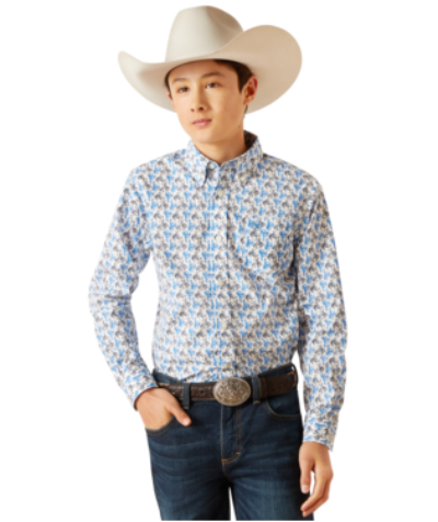 Boys Ariat 10047296 Peerce White/Blue Bronc Print Button-down Long Sleeve Shirt *CLOSEOUT*