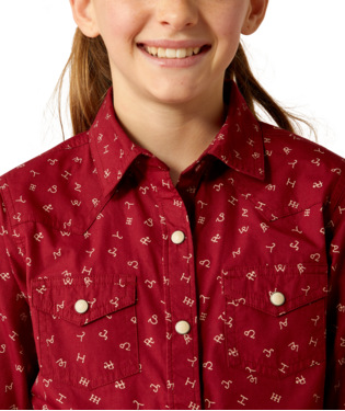 Girl's Ariat 10052469 Red Ranch Cattle Brand Long Sleeve Shirt