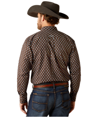 Men's Ariat long sleeve team logo shirt in brown with a blue diamond pattern. Rear view 