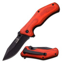 ELK RIDGE ER-A013RW Knife with red wood handle and black stainless steel blade, open and closed position.